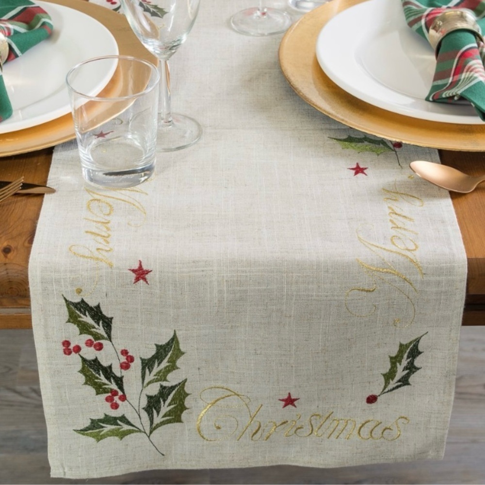 DII Design Imports Embroidered Linen Merry Christmas Holly Table Runner
